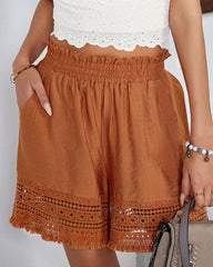 Casual High Waist Stretch Lace Hollow Lace Wide Leg Shorts