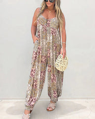 V Neck Street Daily Retro Printed Loose Fit Sleeveless Jumpsuits