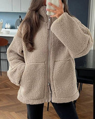 Teddy Fleece Jacket Cozy High Collar Zip-up Coat Fuzzy Winter Outwear with Pockets