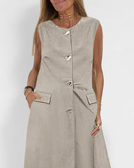 Chic Two Pieces Sleeveless Slim-Fit Long Shirt Dress and Straight Leg Pants Sets