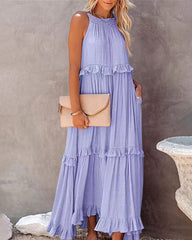 Boho Long Solid Color Loose Sleeveless Halter Neck Ruffle Maxi Dresses