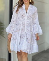 Loose Vintage Solid Color Hollow Out Lace Dress V-Neck Flare Sleeve Embroidery Mini Dress