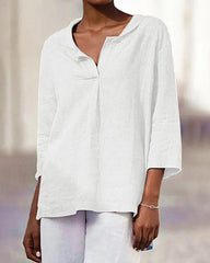 Lapel Neck Loose Fit V-Neck Tops Summer Casual 3/4 Sleeve Asymmetrical Hem Blouse