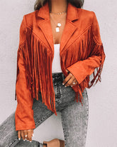 Slim Lapel Tassel Coats Soild Short Jackets Fringe Long Sleeve Party Cardigan