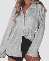 Solid Color Button-down Long-sleeve Sequined Cardigan Shirt