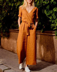 Short Sleeve Solid Color V Neck Soft Romper Jumpsuit with Belt