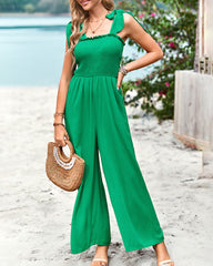 Sleeveless Lace-up Smocked Jumpsuits Solid Loose fit Wide Leg High Wasit Romper