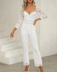 V Neck Jumpsuit Long Sleeve Wedding Lace Bridal Romper
