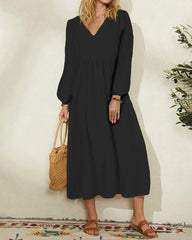 V-Neck Loose Lantern Sleeves Long Sleeve Maxi Dress