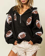 Rugby Sequined Hoodie Zipper Drawstring Long Sleeve Sweatshirt Top