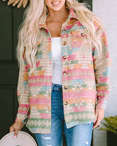 Multicolor Western Aztec Print Button Flap Pocket Shacket