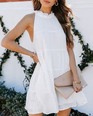 Sleeveless Loose Plain Mini Dresses Mock Neck Layered Ruffled Loose Flowy Swing Short Tank Dress