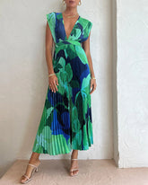 Casual Sleeveless Pleated Long Dress Loose Deep V Neck Holiday Dresses