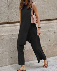 Summer Loose Casual Sleeveless Round Neck Split Blouse Wide Leg Pants Set