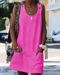 Solid Color Cotton Linen Sleeveless Loose Knee Beach Dresses