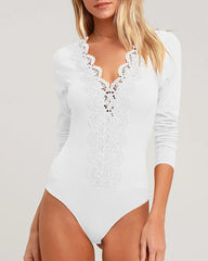 V-neck Lace Trim Long-sleeved Bodysuits
