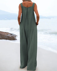 Casual Sleeveless Jumpsuits Summer Solid High Waist Wide Leg Pants Soft Rompers with Pockets