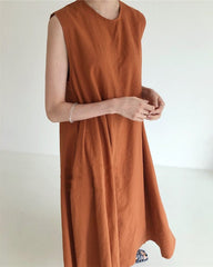 Loose Cotton Linen Dress Long Sleeveless Knee Tank Dress