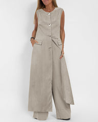 Chic Two Pieces Sleeveless Slim-Fit Long Shirt Dress and Straight Leg Pants Sets