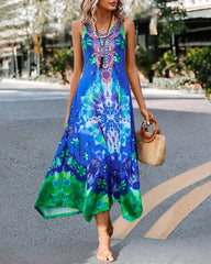 Ethnic Style Print Dress Long Maxi Dresses Retro Tank Dress Loose Beach Dress