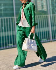 Two-Piece Casual Set Button-Up Shirt and High-Waisted Wide-Leg Pants