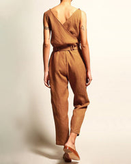 Sleeveless Backless Striped Jumpsuit Loose Trouser Suit Romper with Belt