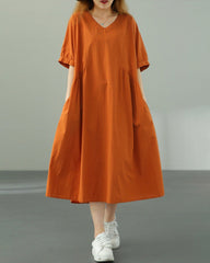 Summer Short Sleeve V-Neck Solid Cotton Casual Dress with Pockets