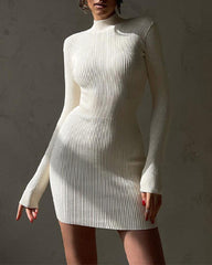 High Collar Short-length Pitted Knitted Dresses Women's Solid Color Knitted Dress