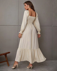 Solid Color Long Sleeve Dress Square Neck Lotus Leaf Maxi Dress