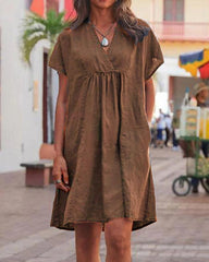 Summer V Neck Short Sleeve Babydoll Dress Casual Bohemian Dress Beach Long Sundress