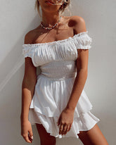 Off Shoulder Ruffle Shorts Romper Swiss Dot Smocked Layered Chiffon Boho Mini Jumpsuits