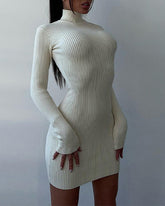 High Collar Short-length Pitted Knitted Dresses Women's Solid Color Knitted Dress