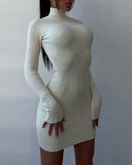 High Collar Short-length Pitted Knitted Dresses Women's Solid Color Knitted Dress