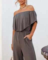 Off Shoulder Jumpsuit Wide Leg Romper Solid Color Summer Short Sleeve Casual Playsuit