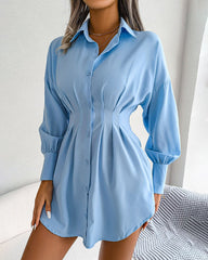 Lantern Sleeve Waisted Asymmetric Shirt Dress