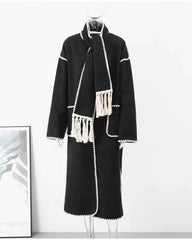 Women's Thickened Loose Woolen Longline Coat With Fringed Scarf