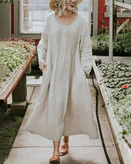 Round Neck Ruched Pocket Solid Long Sleeve Dress