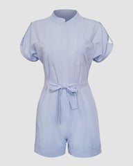 Single-breasted Jumpsuit with Large Pockets Solid Color Shorts Jumpsuits