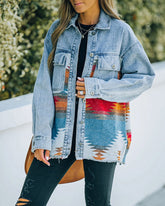 Aztec Lapel Long Sleeve Retro Western Denim Jacket