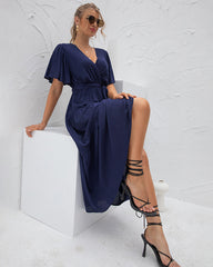 Elegant V Neck Short Sleeve Wrap Maxi Dress Loose High Waist Pleated Flowy Swing Long Dress with Belt