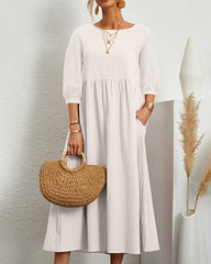 Lantern Sleeve Long Dress Solid Color Loose Crew Neck Mid Waist Dresses with Pockets