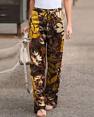 Plus Size Floral Print Tightness Linen Trousers Pocket Casual Pants