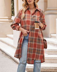 Plaid Longline Button-Up Shacket Lapel Neck Long Sleeve Shirt Pocket