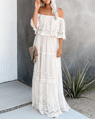 Off Shoulder Lace Maxi Dress Boho White Bridesmaid Wedding Evening Party Dresses