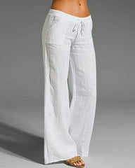 Drawstring Elastic Waist Linen Pants with Pocket Summer Wide Leg Pant Palazzo Trousers