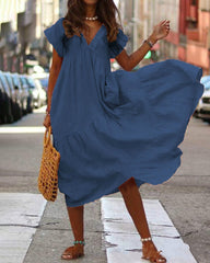 Summer Long V-Neck Boho Chic Dress Casual Holiday Beach Dress Loose Short Sleeve Dresses
