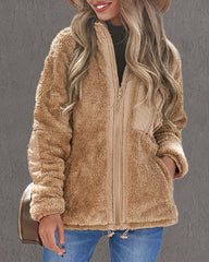 Zip-up Pocket Lapel Double-Sided Plush Fuzzy Coat
