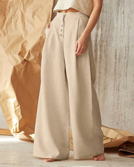 Solid Color High Waist Casual Button Wide Leg Pant