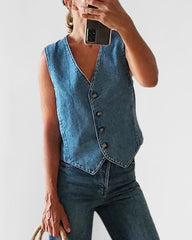 Sleeveless Denim Vest V Neck Button Down Waistcoat Jacket