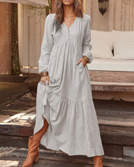 Loose Long Sleeve Dress V Neck Button Beach Sundress